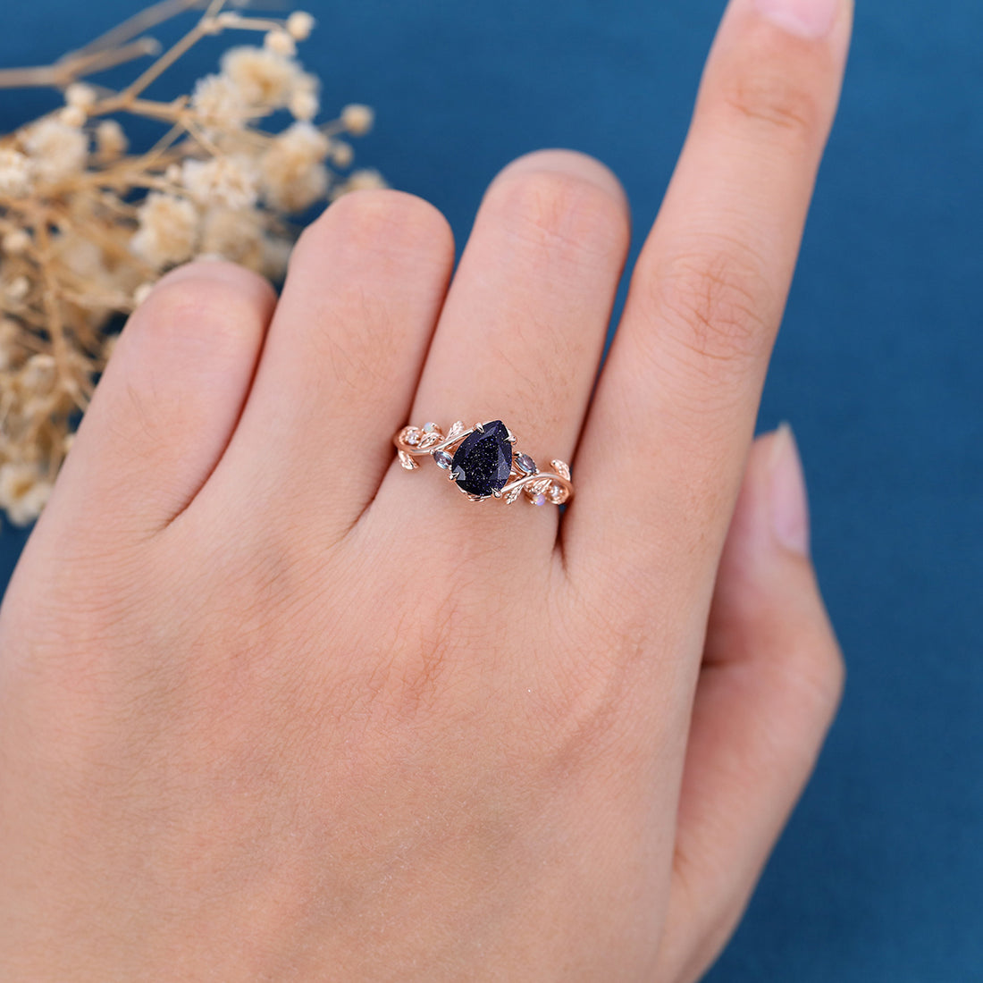 Inspired Pear cut Blue Sandstone Solid Gold Engagement Ring