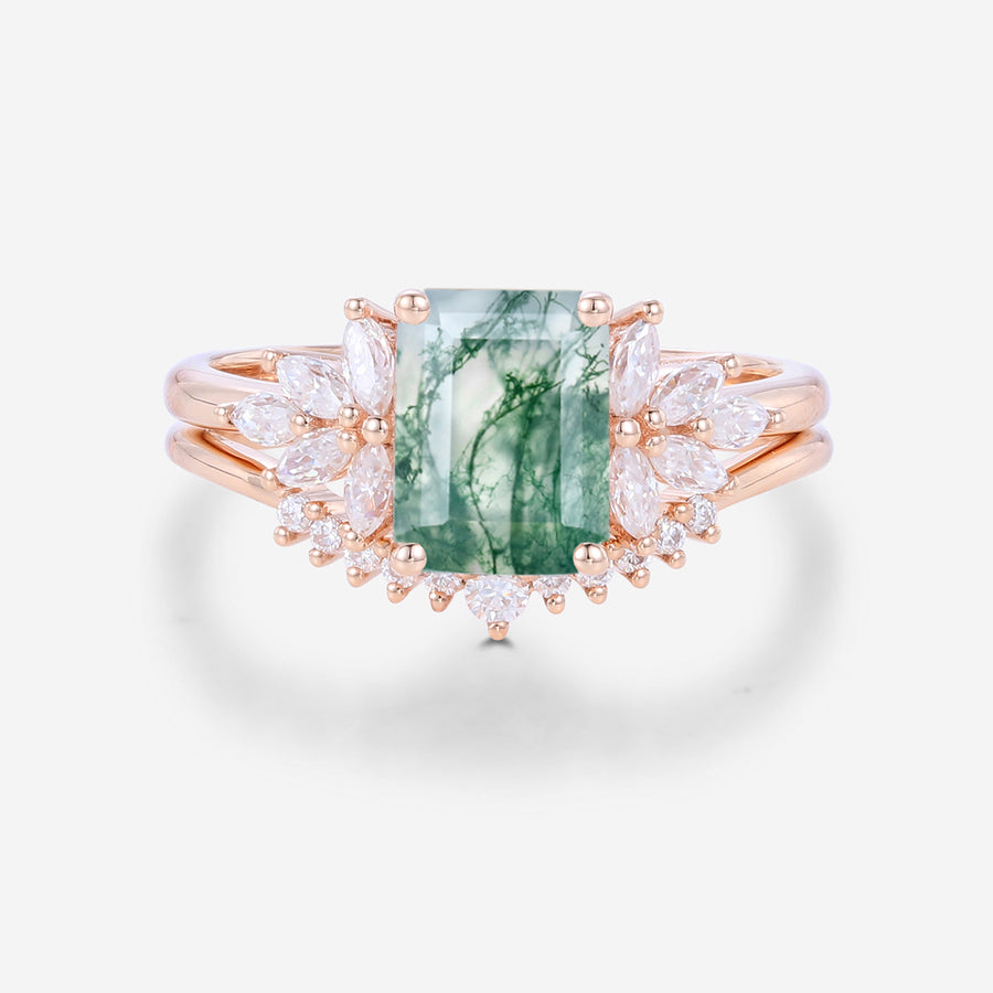 Natural Green Moss Agate 2PCS Emerald cut Cluster Engagement ring Bridal Sets