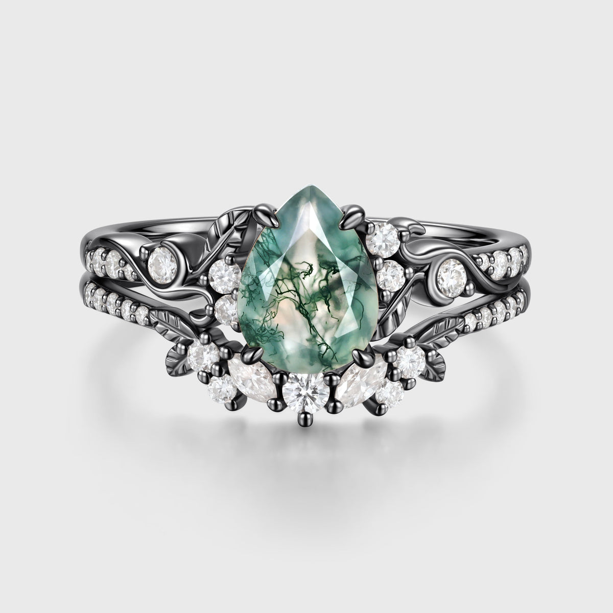 Pear cut Moss Agate Leaf‑Vine Bridal Set