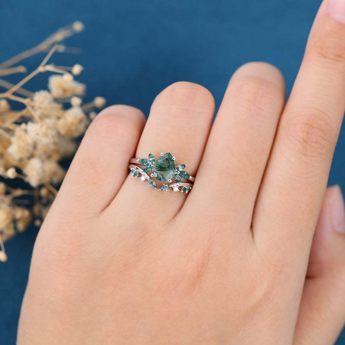 Pear cut Moss Agate Cluster Engagement ring Bridal Set