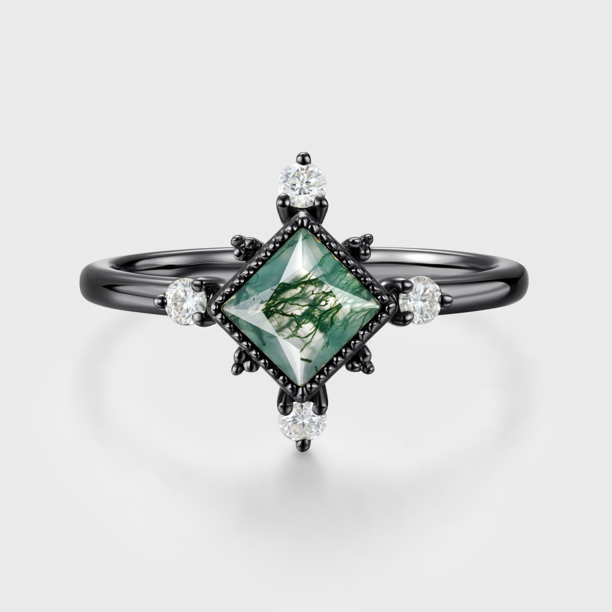Bezel Set Princess Cut Moss Agate Halo Moissanite | Diamond Gold Engagement Ring