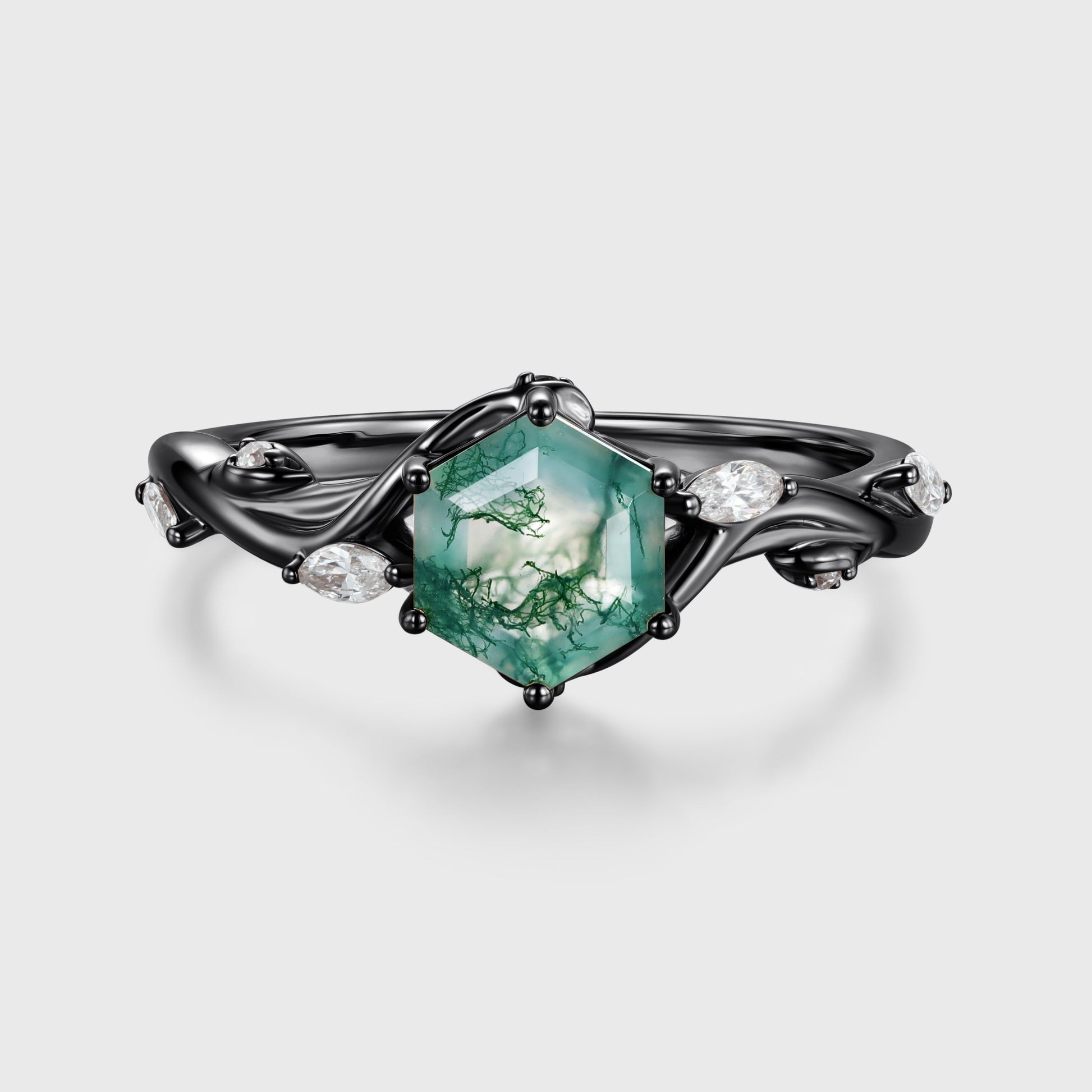 Inspired Hexagon Cut Natural Green Moss Agate  Engagement Ring