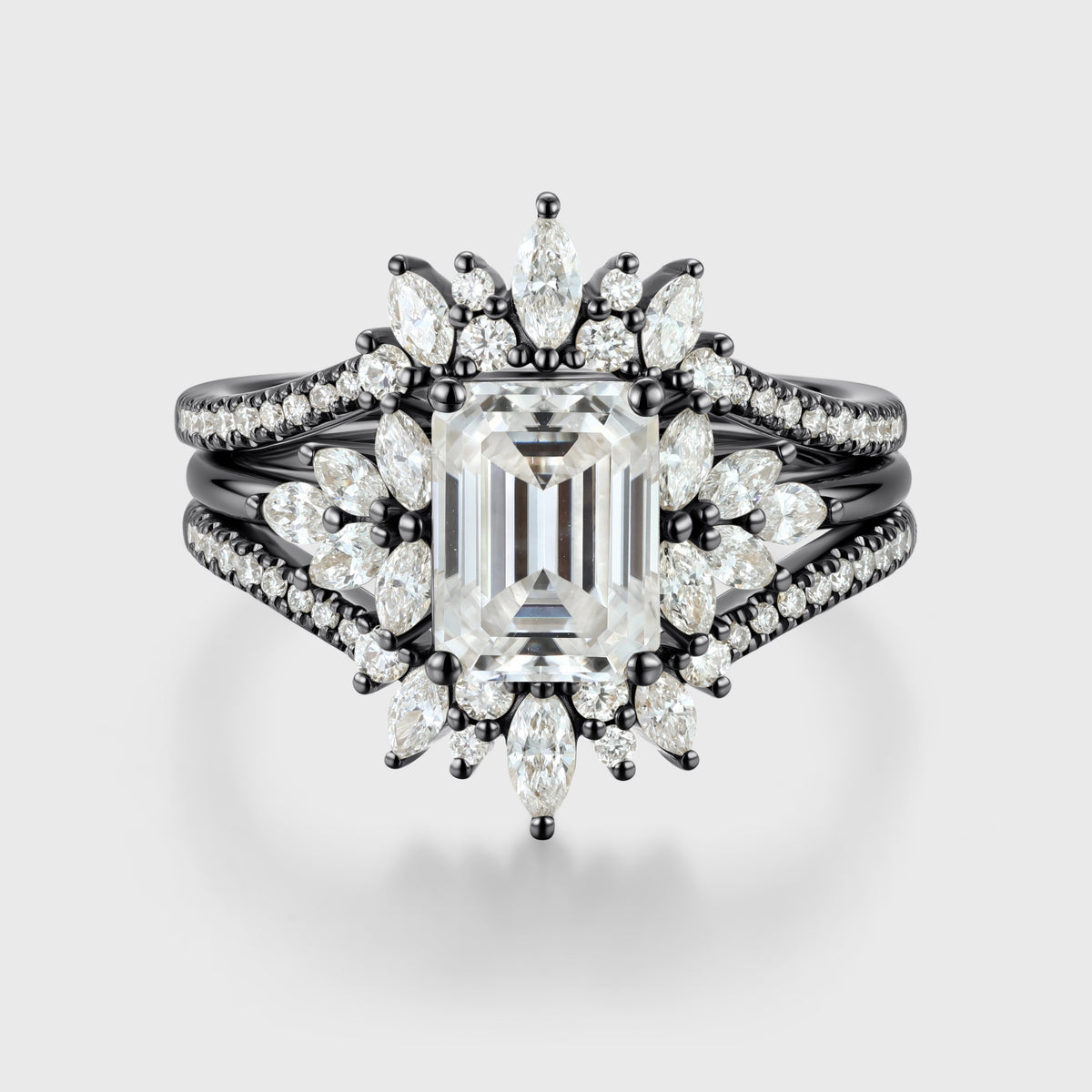 1.7Carat Vintage Emerald cut Moissanite Cluster Engagement Ring Set