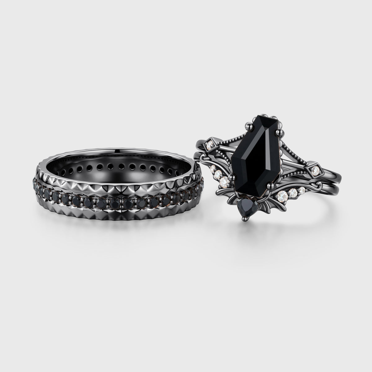 Coffin cut Black Onyx Solid Gold Couples Ring Set