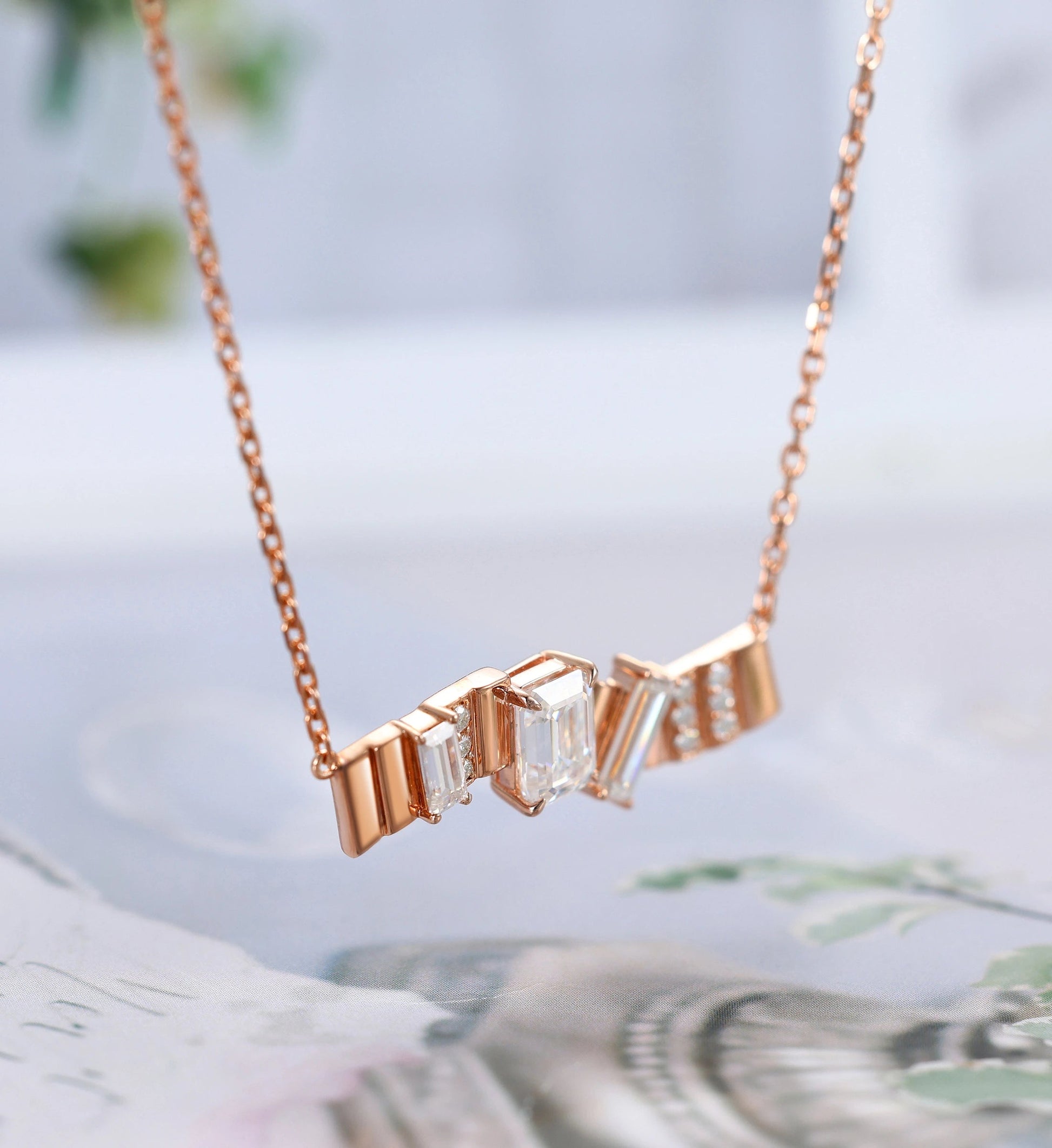 Emerald cut Moissanite Pendant Necklace with Moissanite Pave Accents