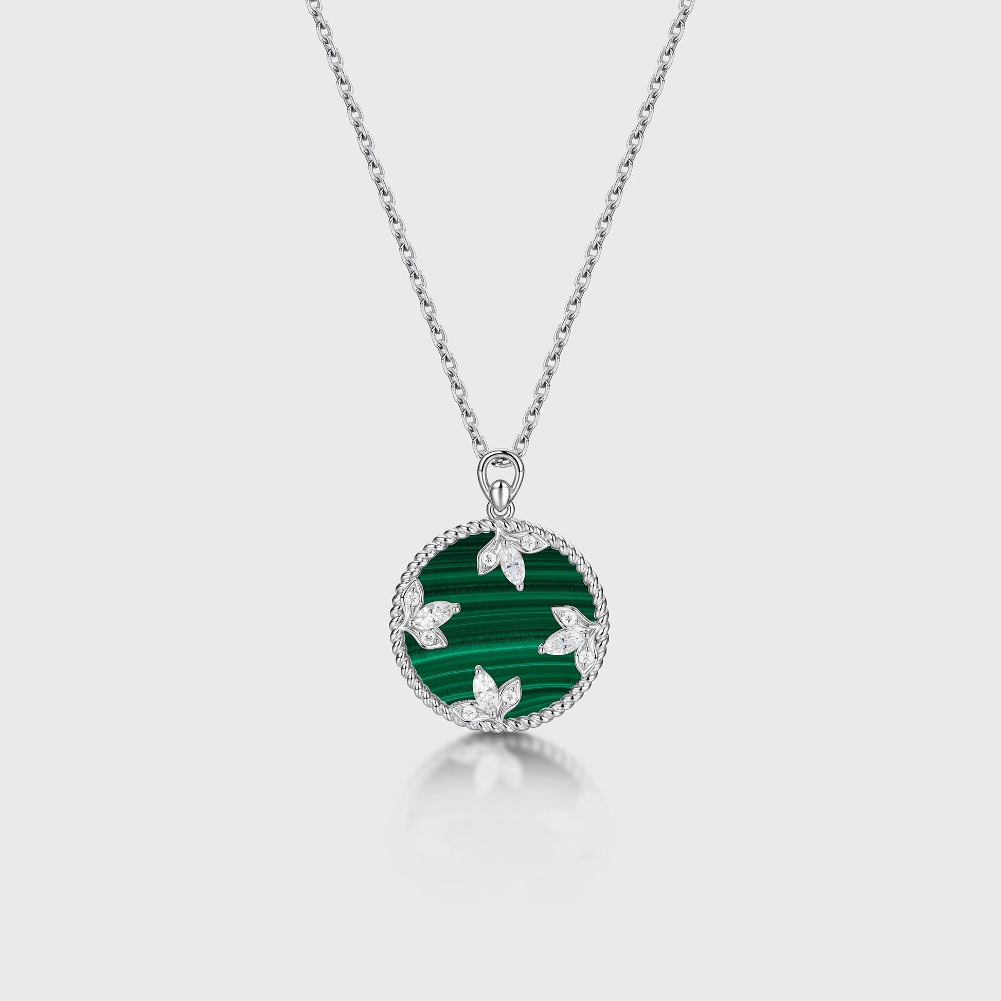 Round cut Malachite Pendant Necklace with Diamonds Halo Accents