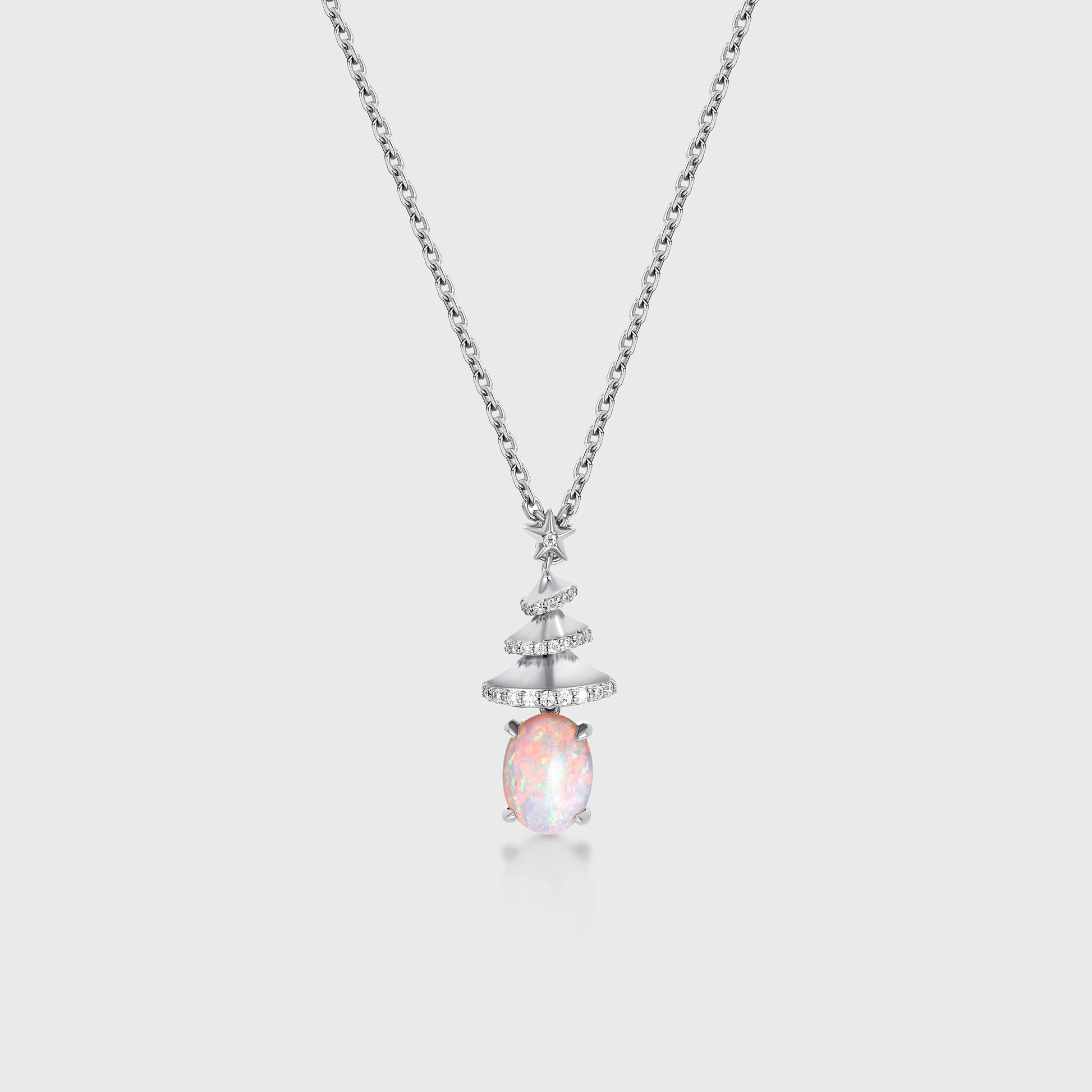 Oval cut Natural Opal Pendant Necklace with Diamonds Christmas tree
