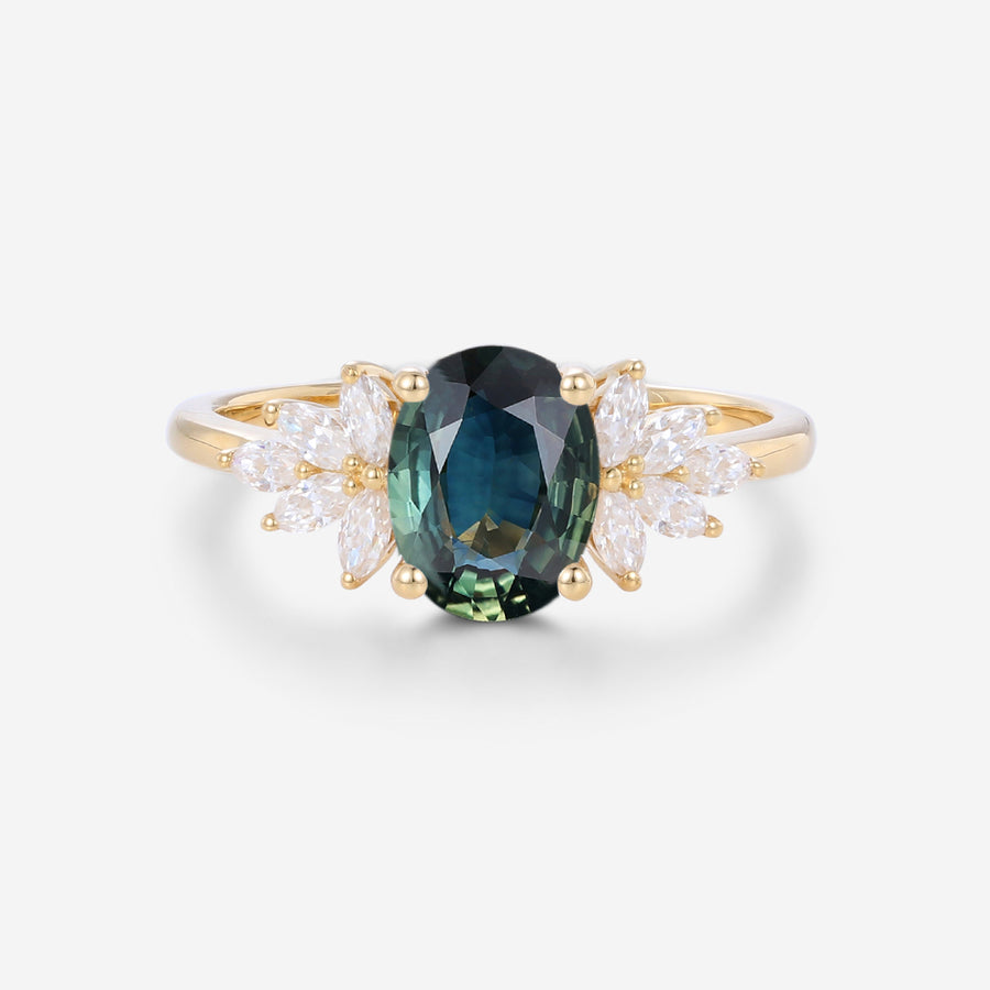 Oval Blue-Green Sapphire Cluster Engagement ring