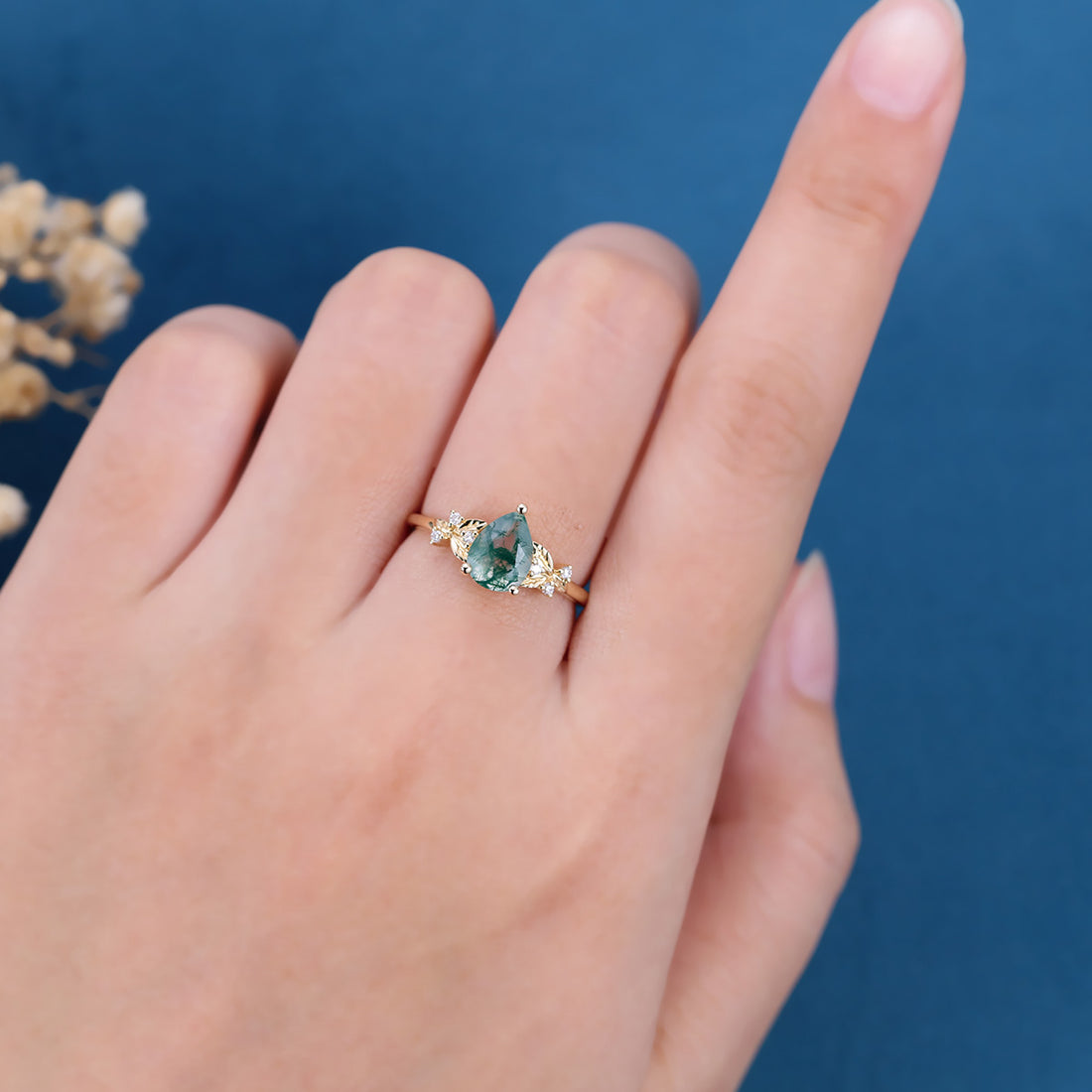 Pear cut Moss Agate Matching Mossanite | Diamonds Gold Engagement Ring