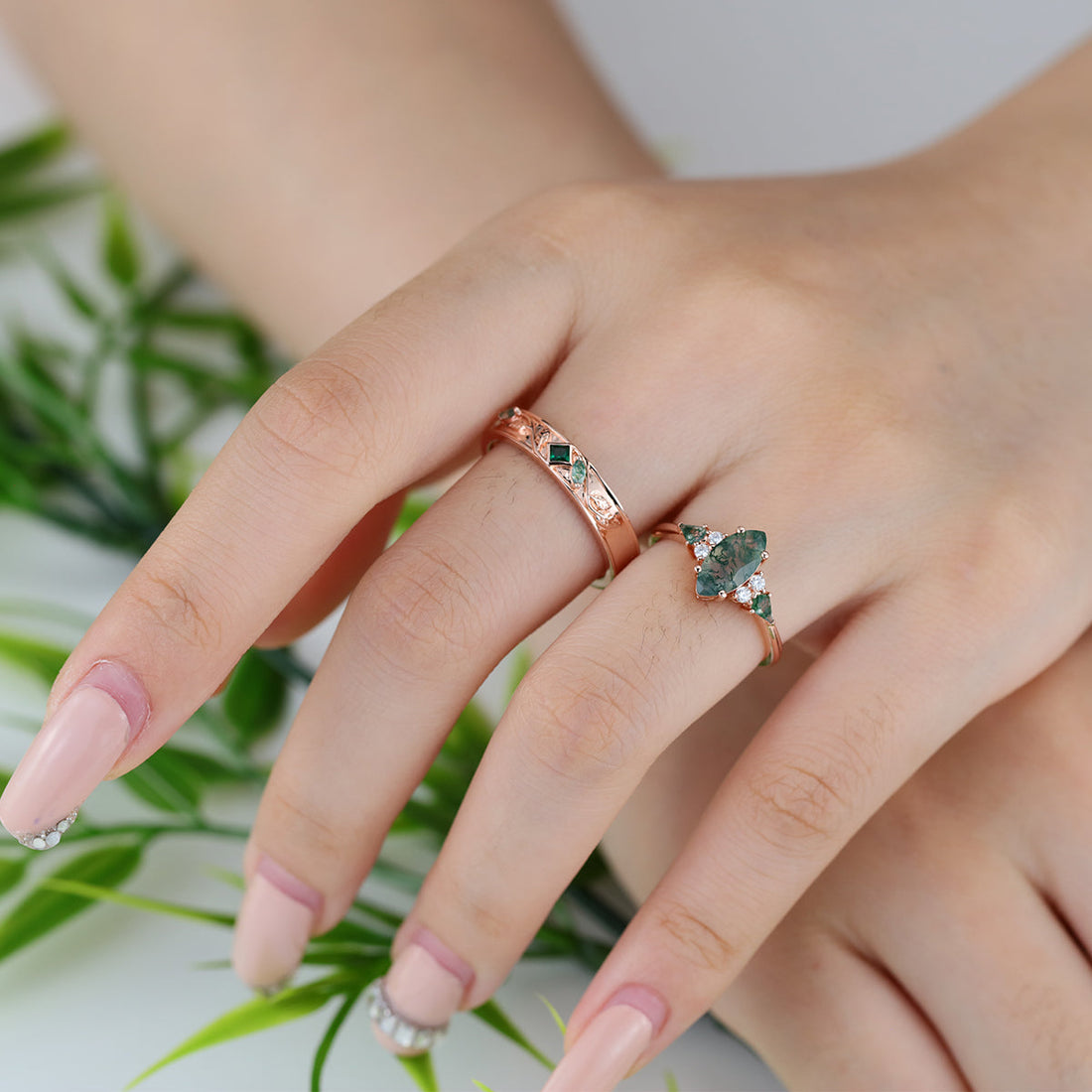 Forever Glow Moss Agate Couple Rings | Rose Gold Leaf Wedding Bridal Set (Copy)