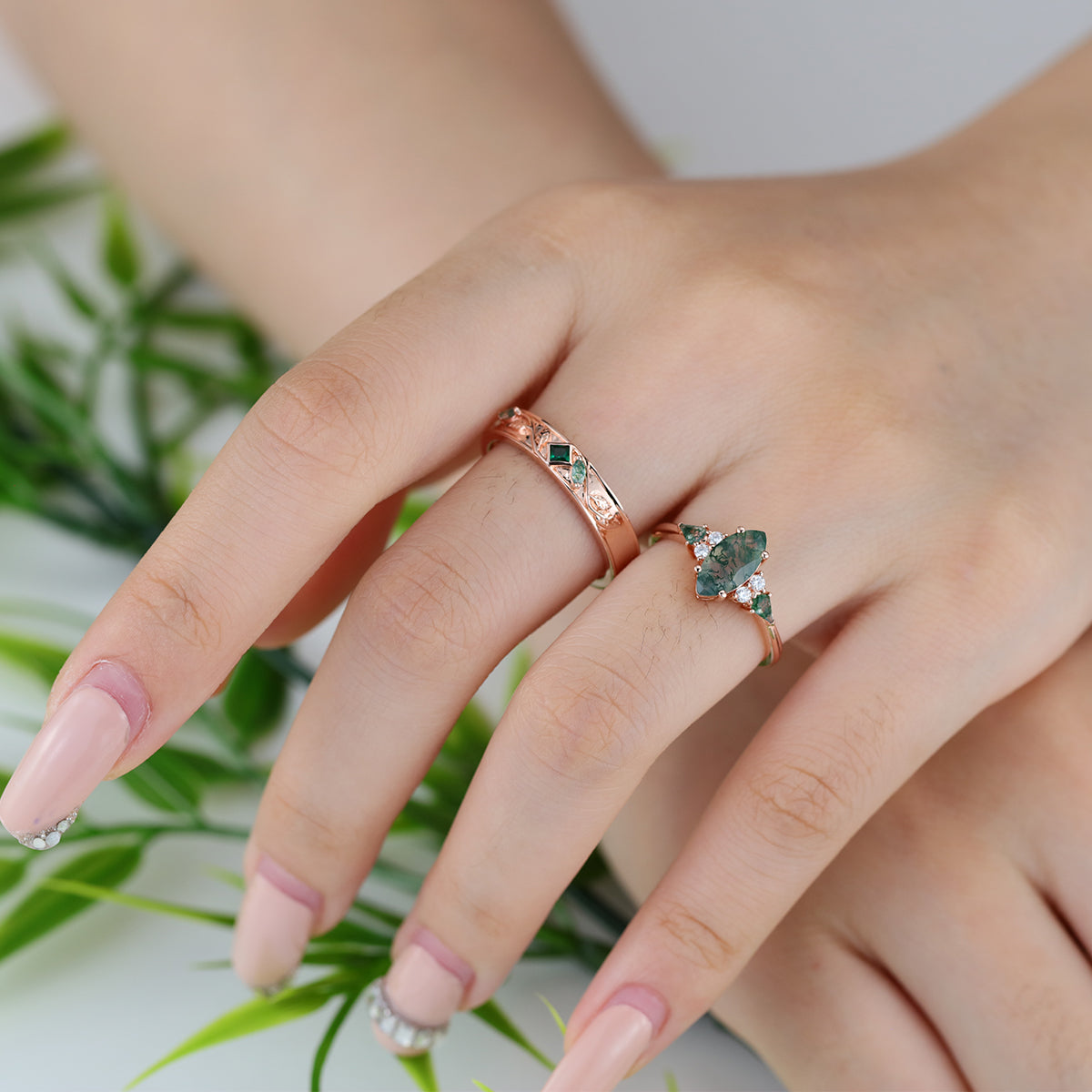 Forever Glow Moss Agate Couple Rings | Rose Gold Leaf Wedding Bridal Set (Copy)