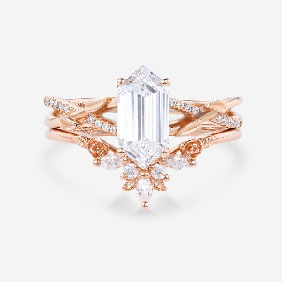 Long Hexagon cut Lab-Grown Diamond Wedding Bridal Set