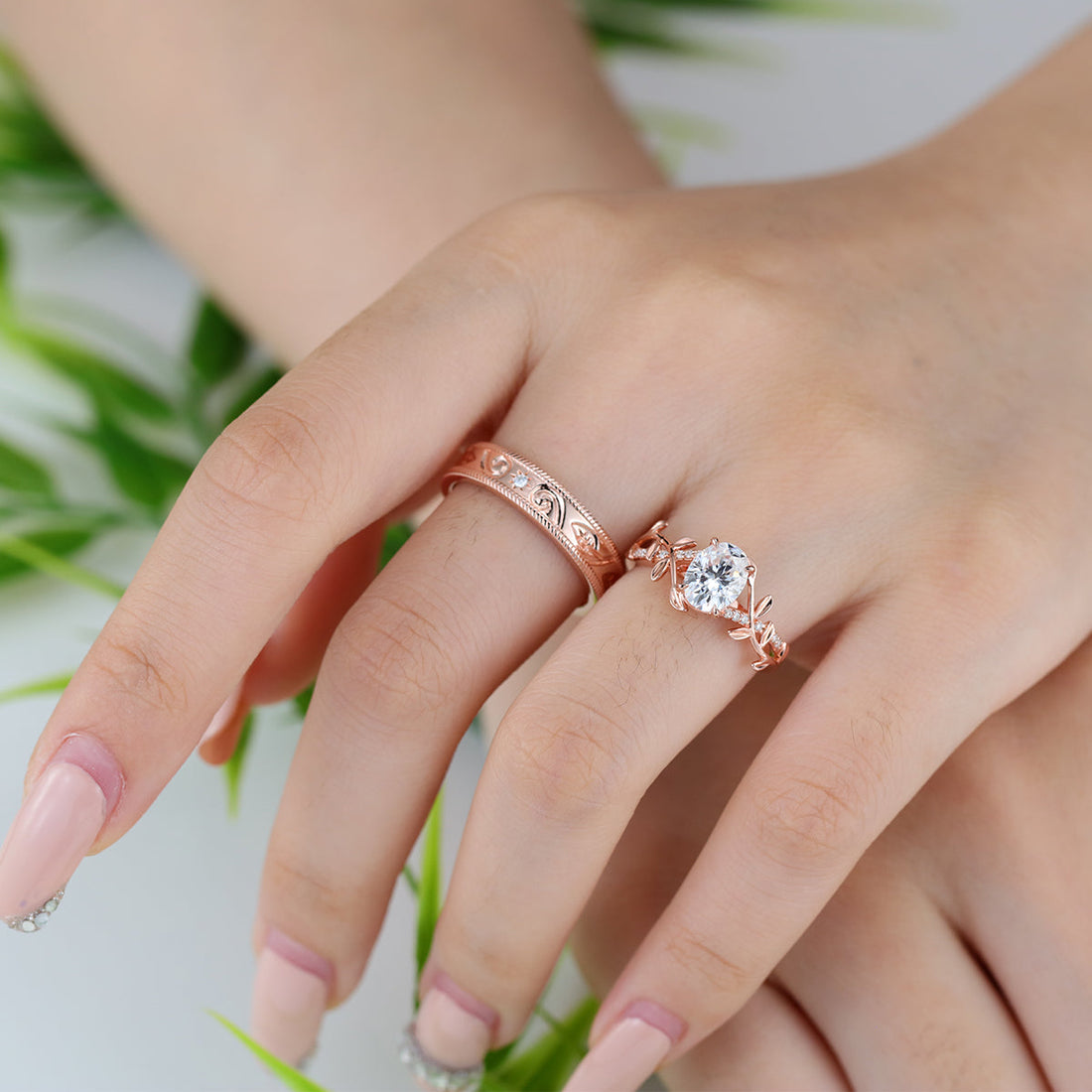 Nature Inspired Oval cut Moissanite Leaf Gold Engagement Ring