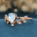 Nature Inspired Pear cut Moonstone Leaf Gold Engagement Ring