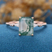 Emerald Cut Natural Green Moss Agate Cluster Engagement Ring