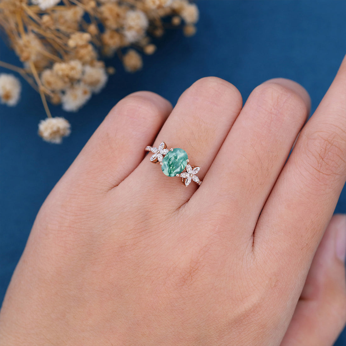 Oval Cut Natural Green Moss Agate Cluster Engagement Ring