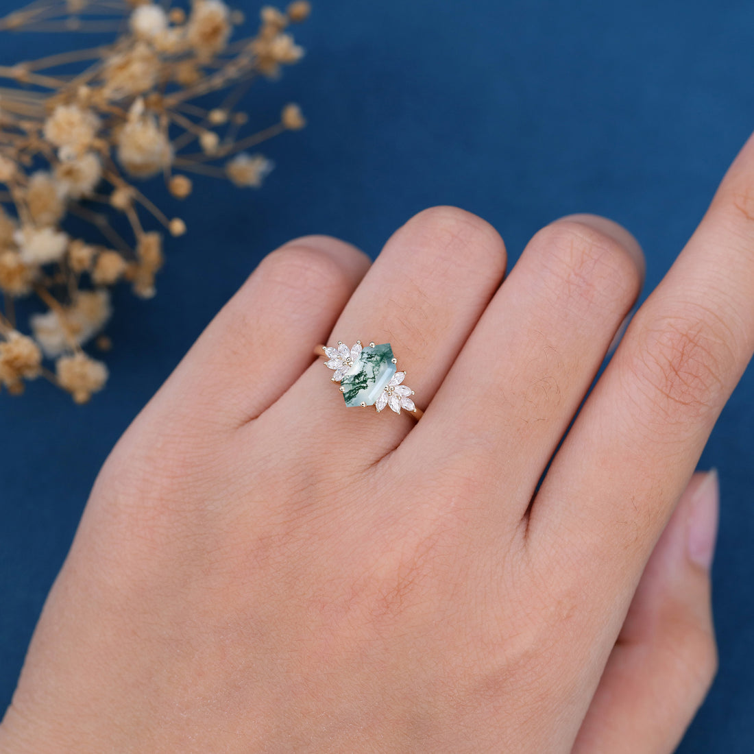 1.0 Carat Long Hexagon Cut Natural Green Moss Agate Cluster Engagement Ring