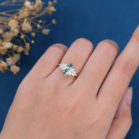 Long Hexagon Cut Natural Green Moss Agate Cluster Engagement Ring 