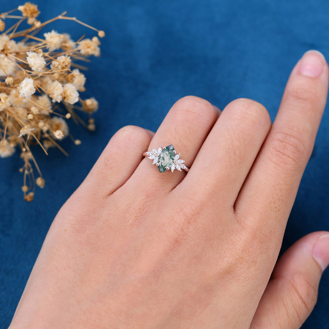 Marquise Cut Natural Green Moss Agate Cluster Engagement Ring