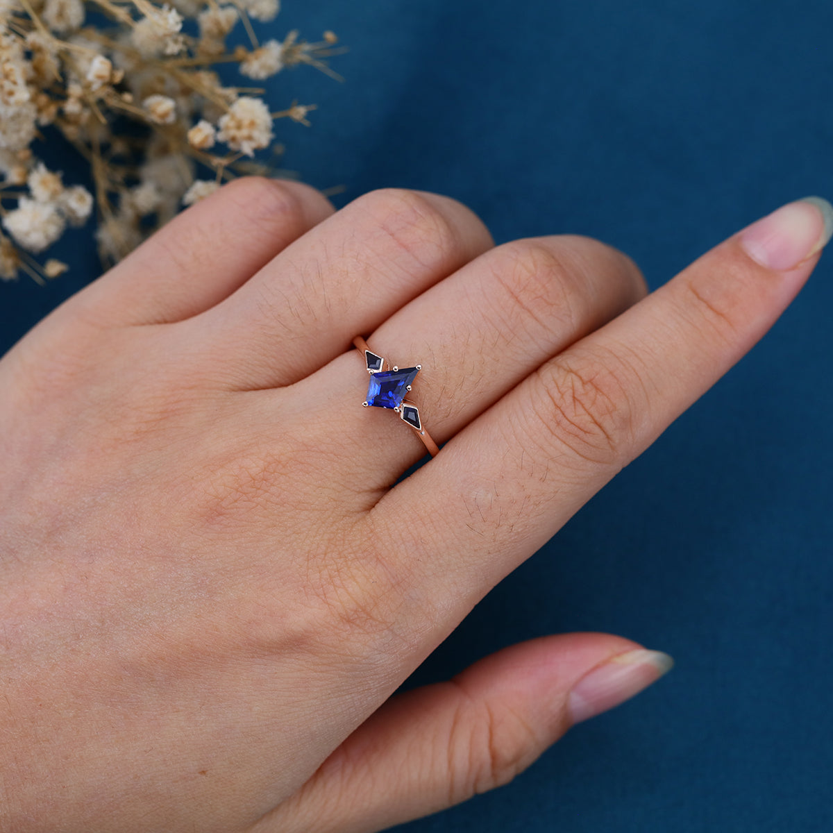 Kite Cut Lab Sapphire Yellow Gold Engagement Ring