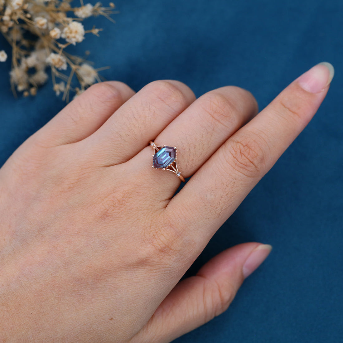 Hexagon cut Lab Alexandrite Solid Gold Engagement Ring