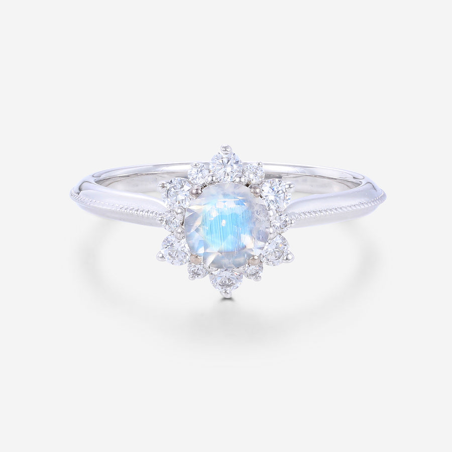 5mm Round cut Moonstone Flower Halo Engagement ring