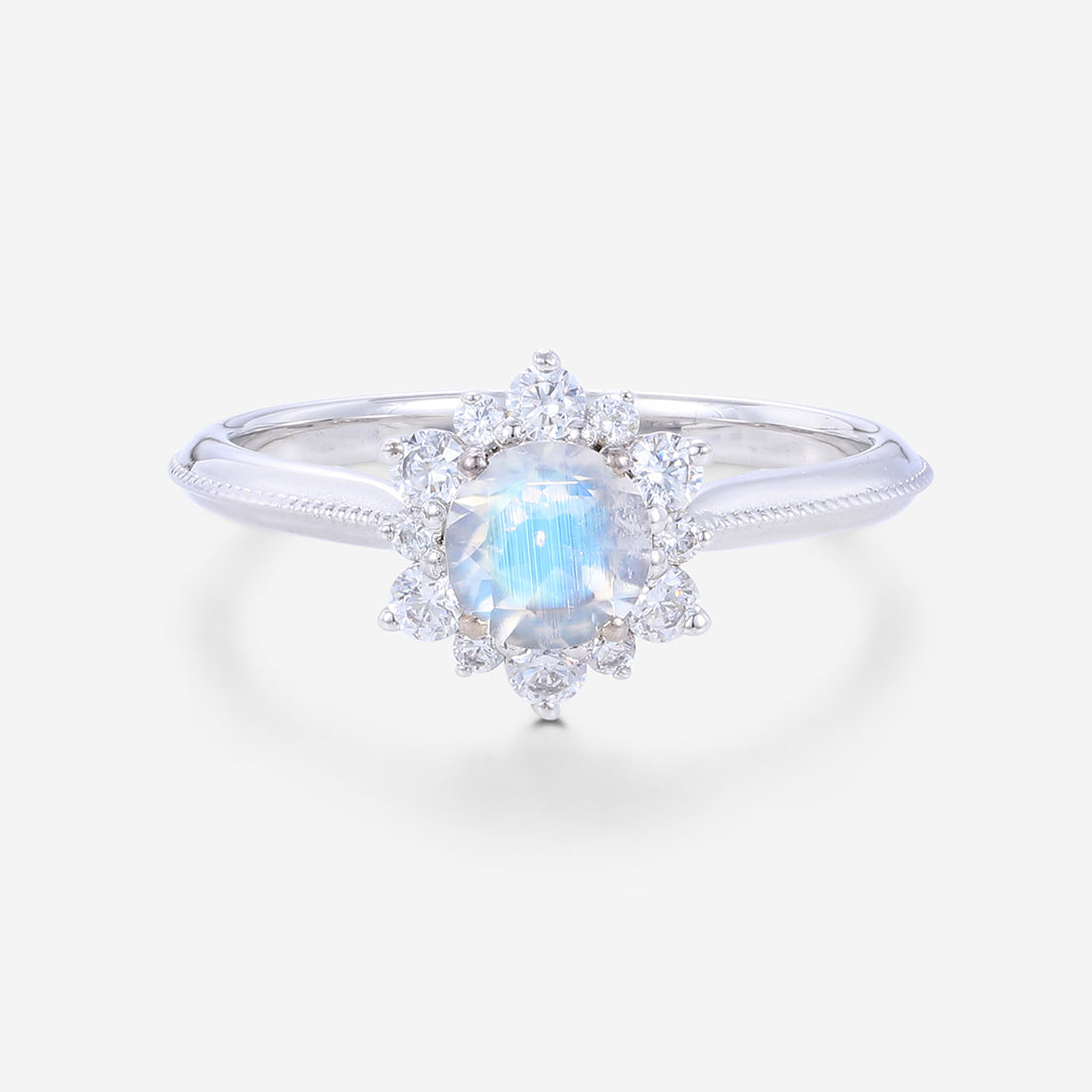 5mm Round cut Moonstone Flower Halo Engagement ring