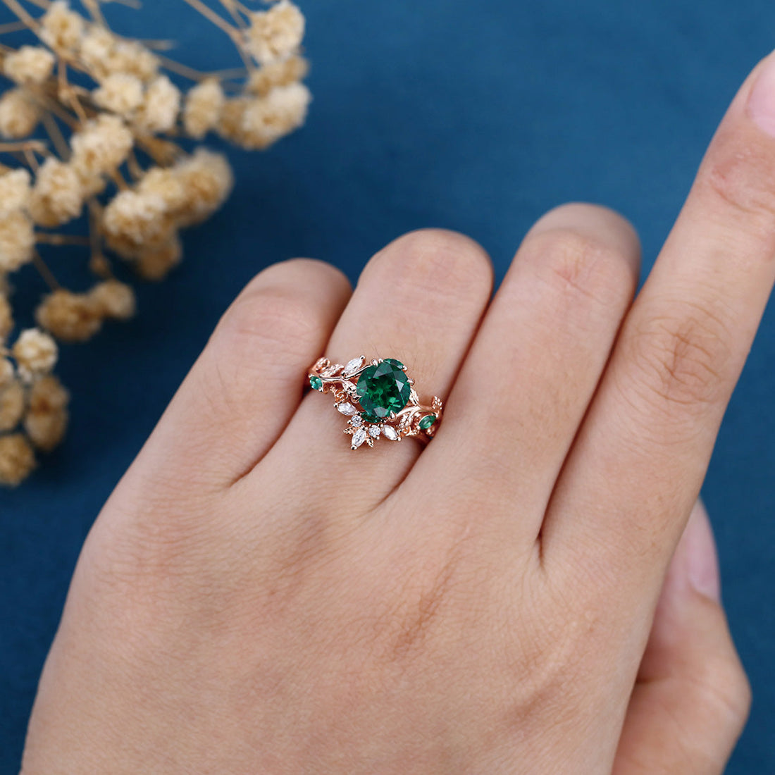 Vintage Round cut Lab Emerald Wedding Bridal set