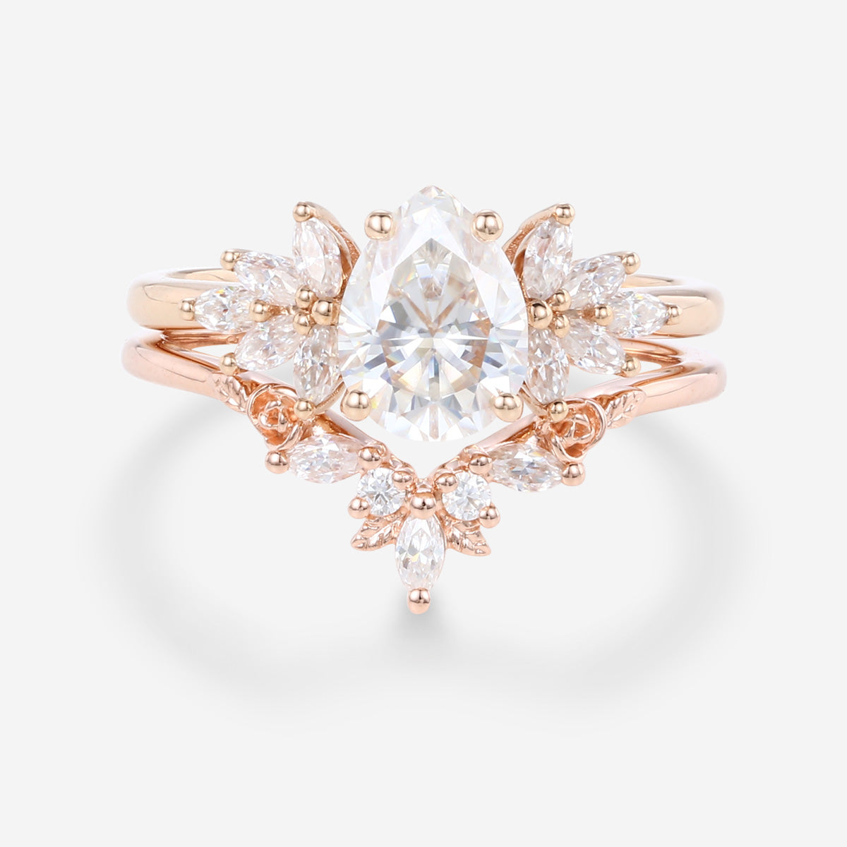 1.2Carat Pear cut Moissanite Engagement Ring Cluster diamonds Rose Gold Wedding Bridal Set