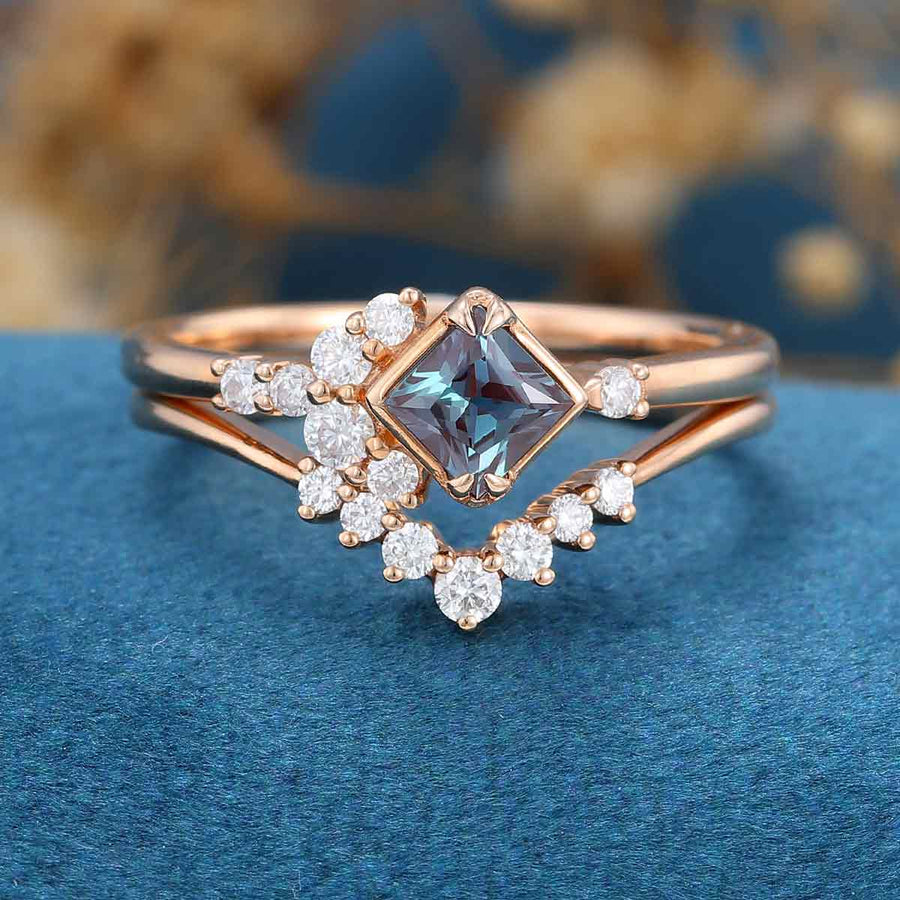 Princess cut Lab Alexandrite | Diamond Wedding Bridal Set