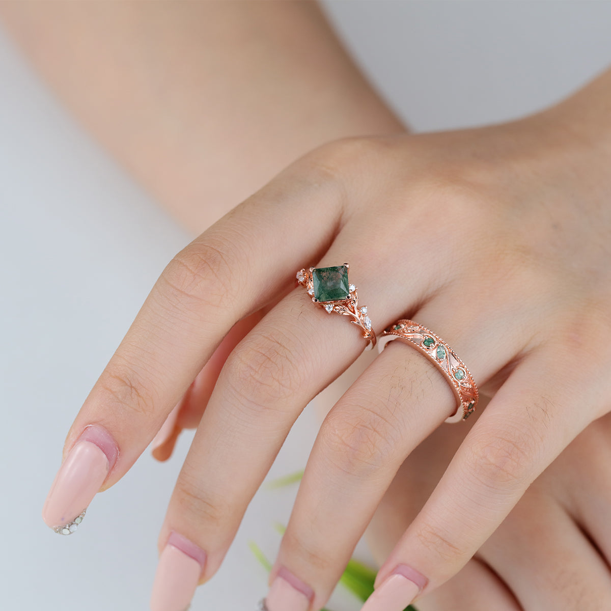 Forever Glow Moss Agate Couple Rings | Rose Gold Leaf Wedding Bridal Set