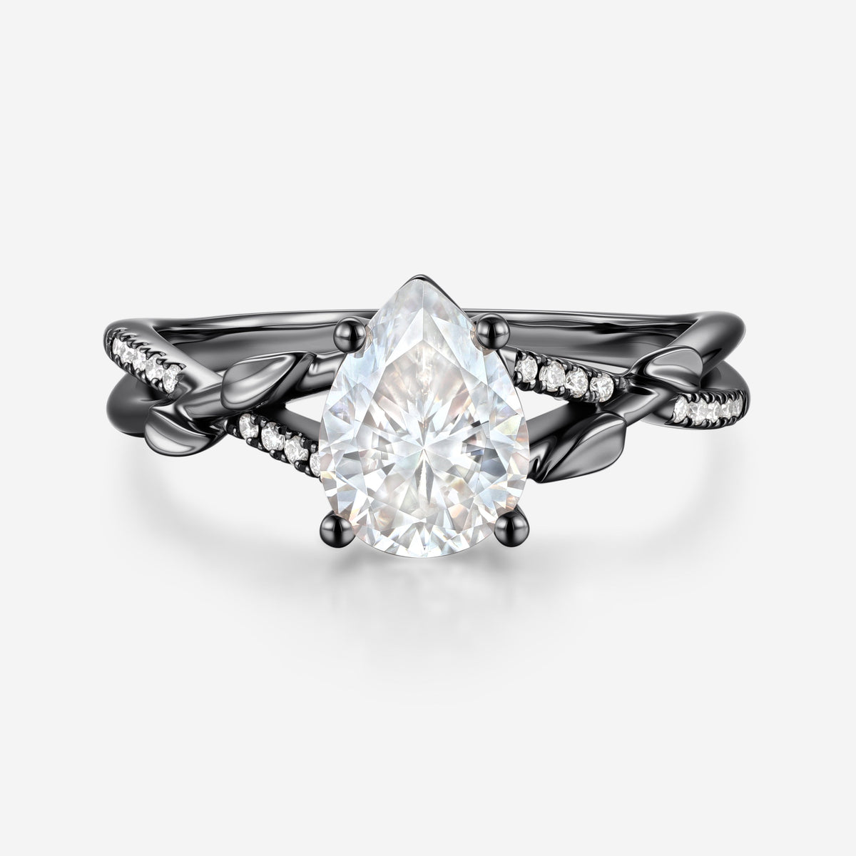Nature Inspired Pear cut Moissanite Leaf Gold Engagement Ring