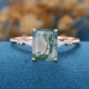 Emerald Cut Natural Green Moss Agate Cluster Engagement Ring 