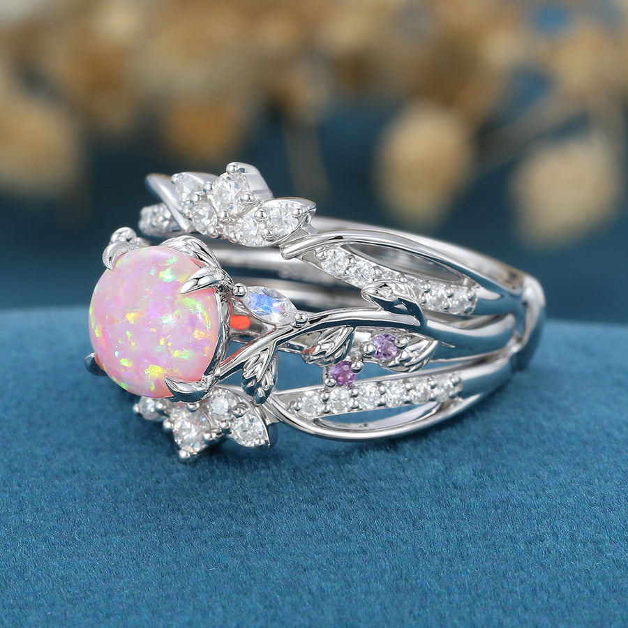 Round cut  Lab Opal Wedding Bridal Set