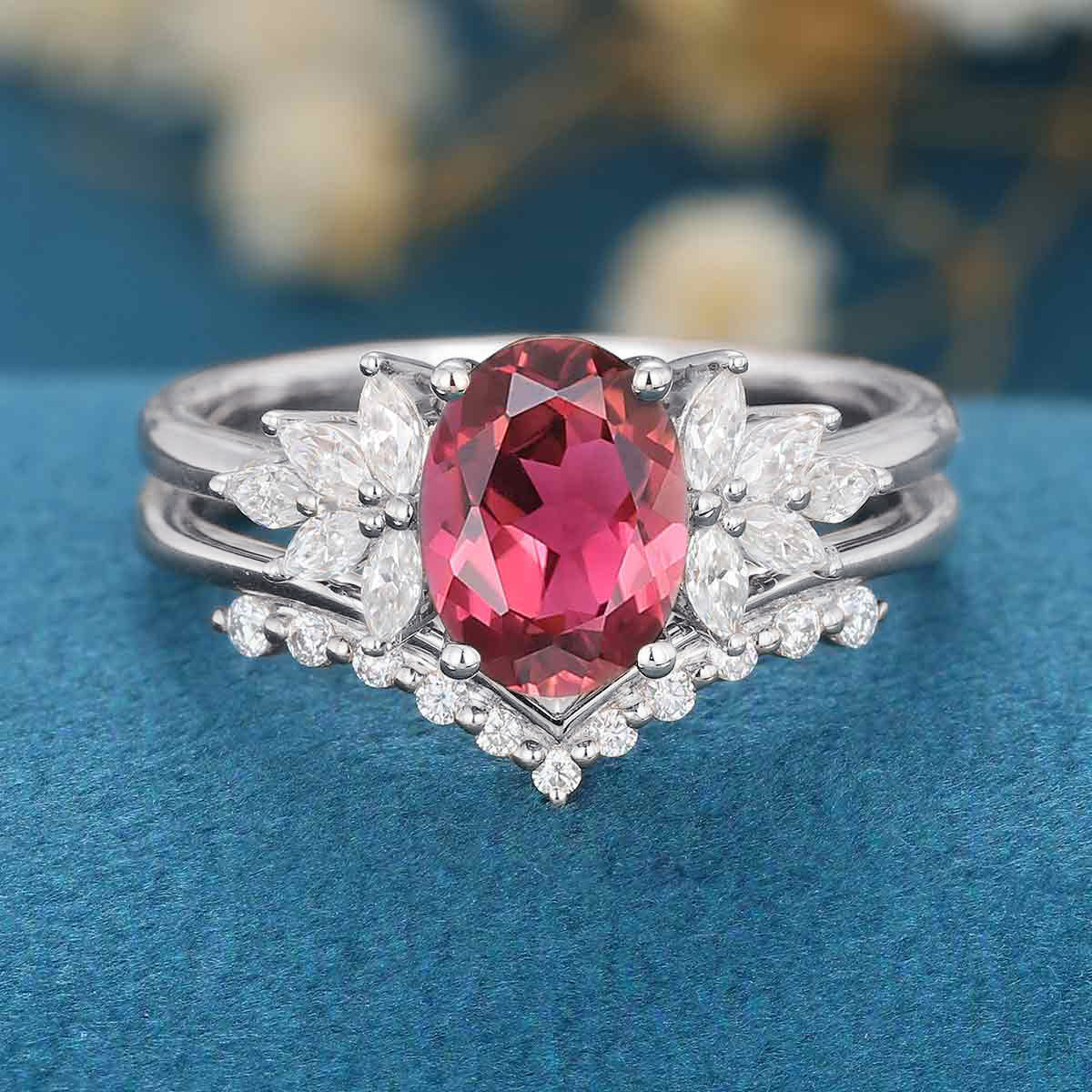 Oval cut Tourmaline Cluster Engagement ring Bridal Set