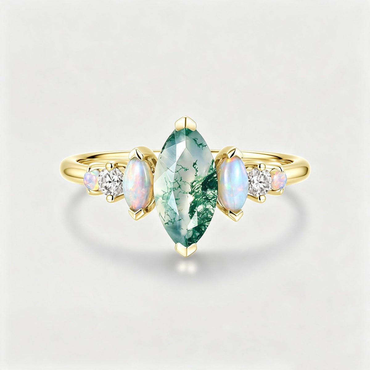 Marquise Cut Natural Moss Agate  Cluster Engagement ring