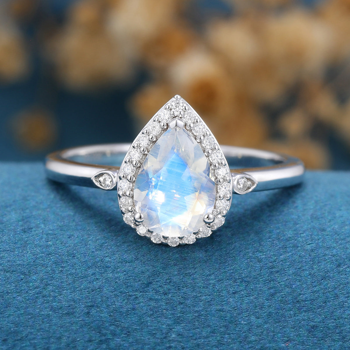 Pear cut Moonstone Halo Engagement Ring