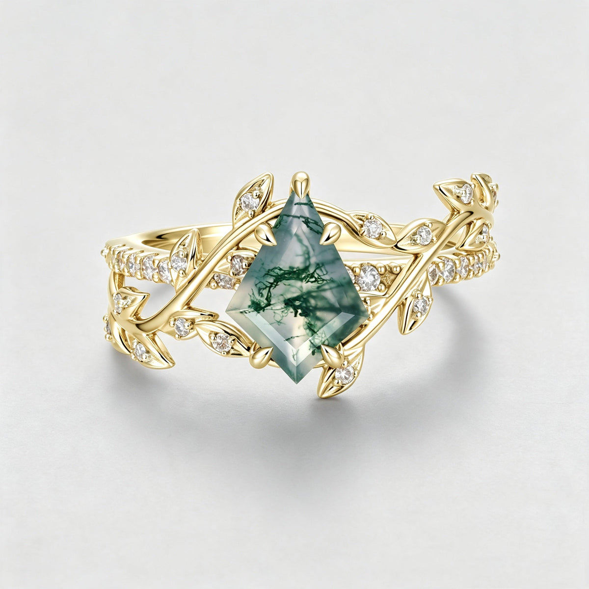 Kite Cut Natural Green Moss Agate Cluster Engagement Ring