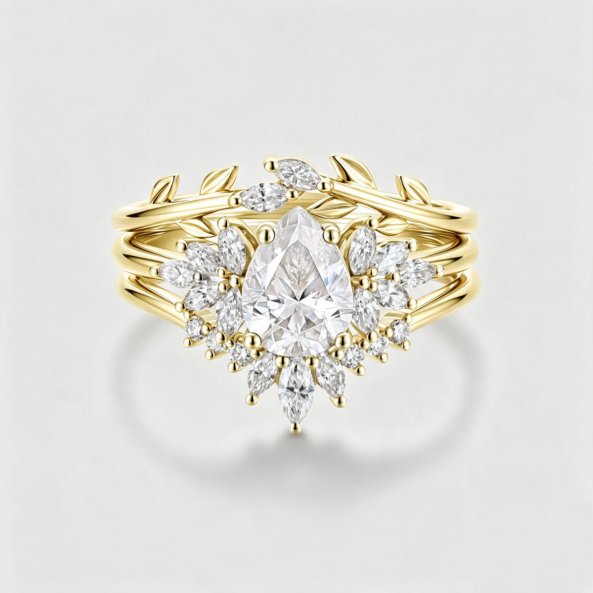 3PCS 1.2 Carat Pear Moissanite Cluster Engagement ring Bridal Set