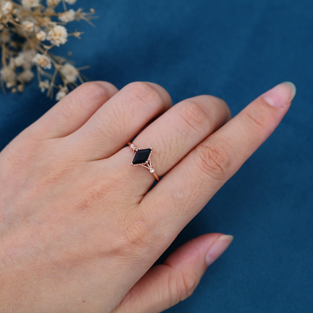 Lozenge cut Black Onyx Solid Gold Engagement Ring