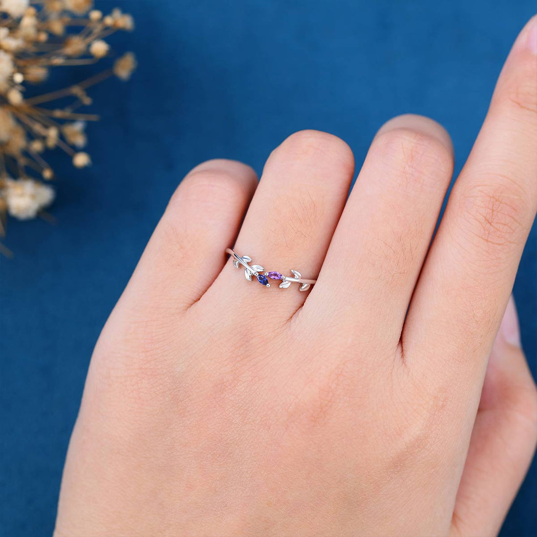 Marquise cut Amethyst | Natural Sapphire leaf Curved Wedding Band