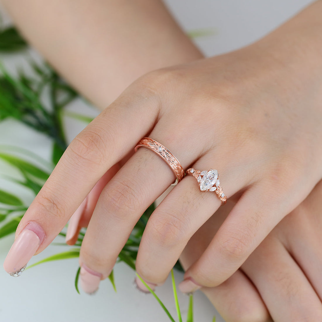 Nature Inspired Moissanite Couple Rings | D Color VS | Rose Gold Leaf Wedding Bridal Set