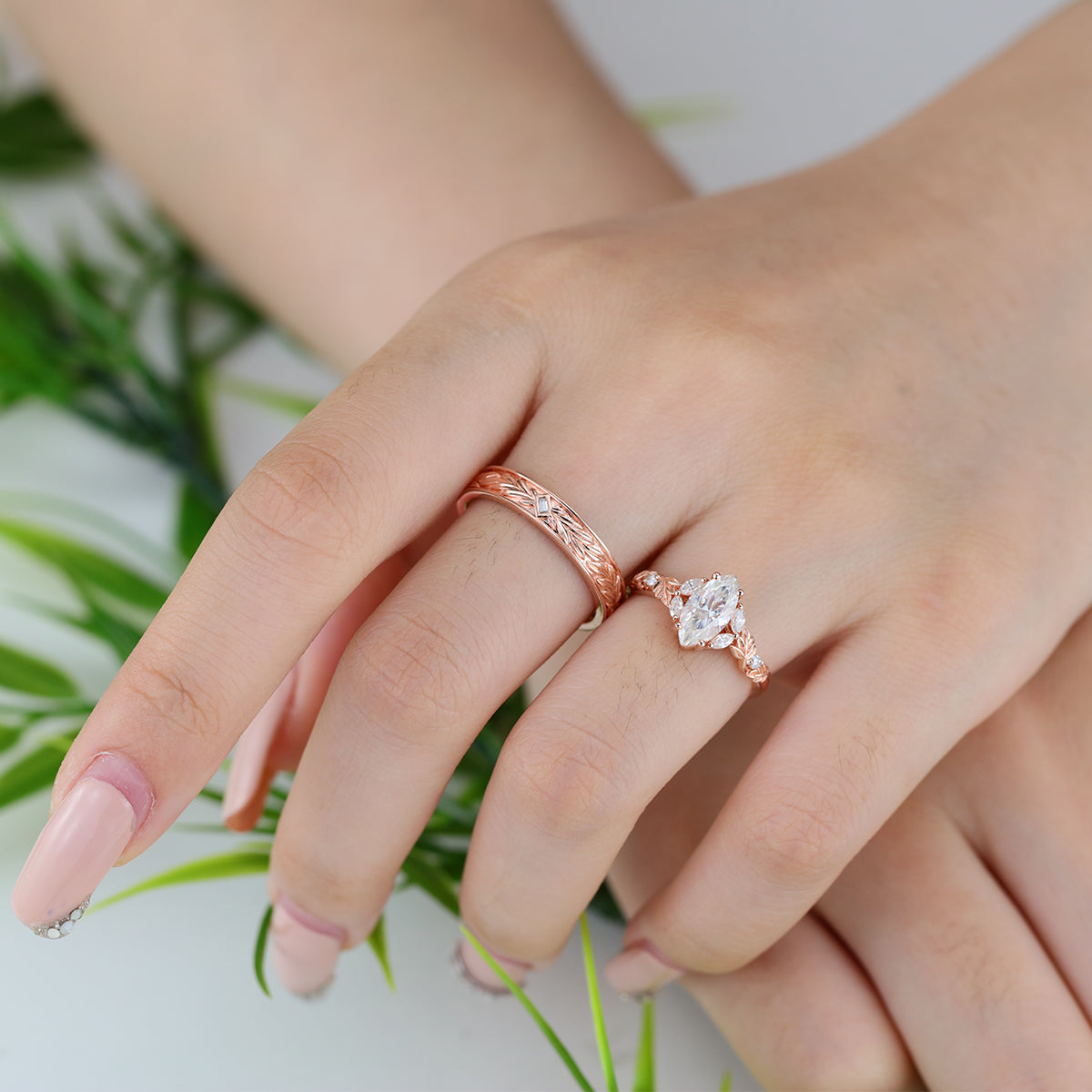 Nature Inspired Moissanite Couple Rings | D Color VS | Rose Gold Leaf Wedding Bridal Set