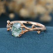 Nature Inspired Oval cut Moss Agate Leaf Engagement Ring