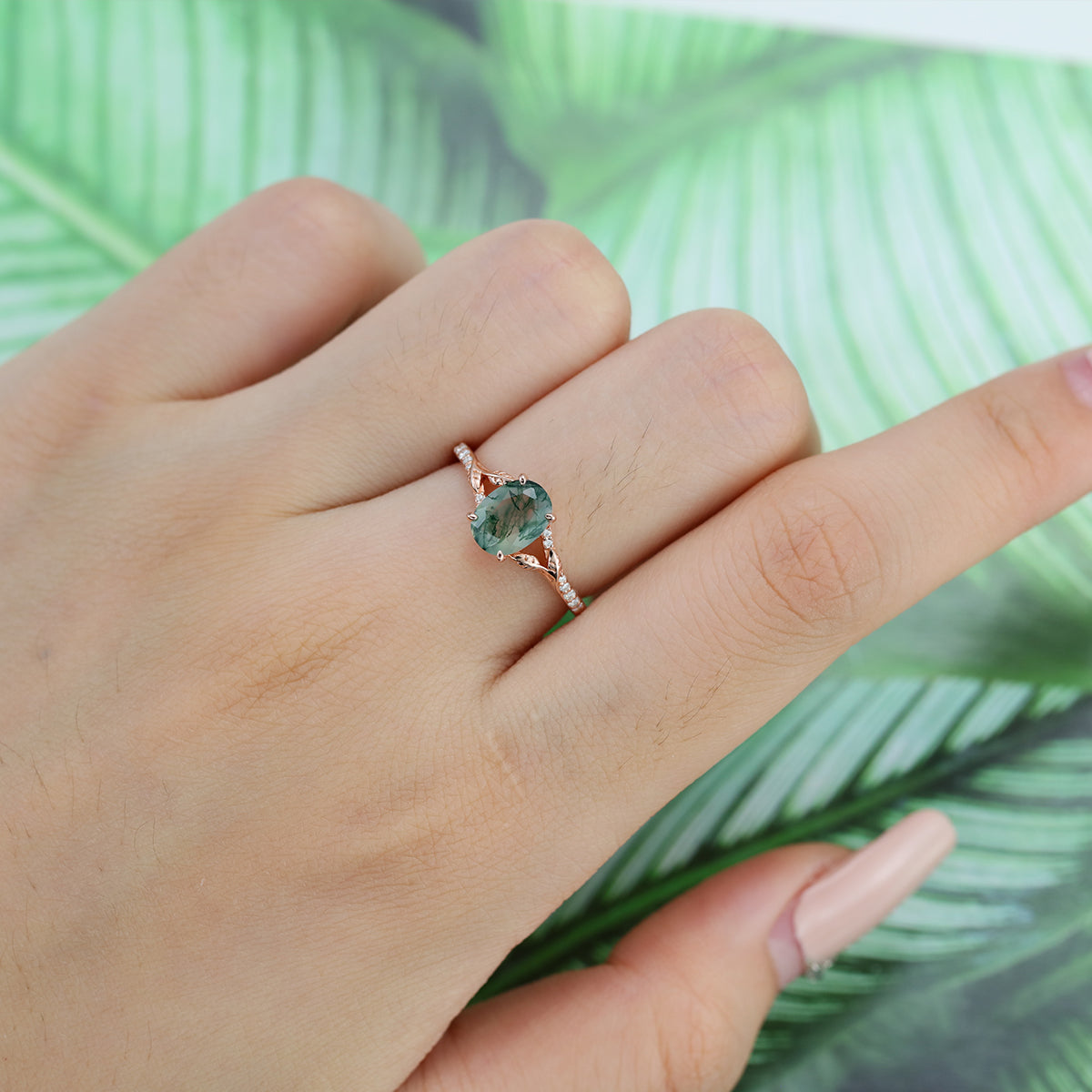 Oval cut Moss Agate Leaf Gold Pave Diamonds Engagement Ring
