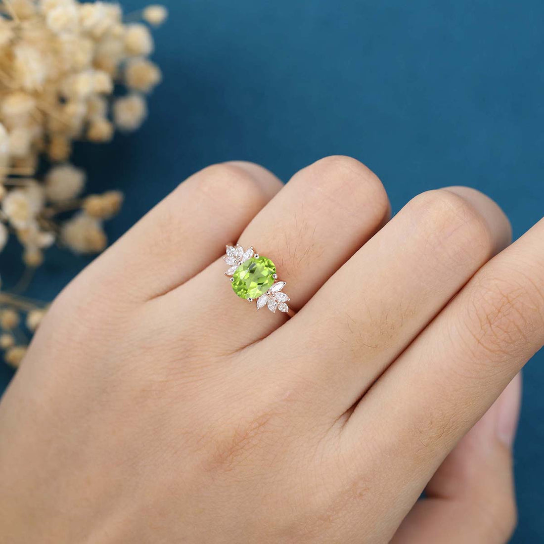 1.5Carat Oval cut Olivine Cluster Engagement Ring