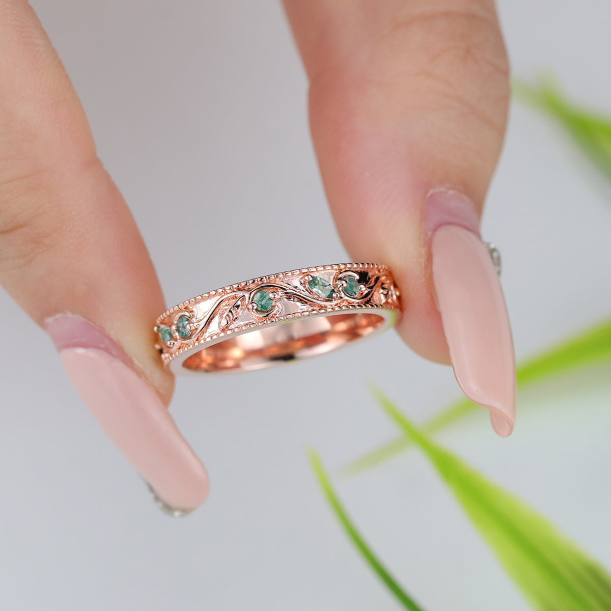 Luxury Men's Moss Agate Engagement Band - Solid gold men ring