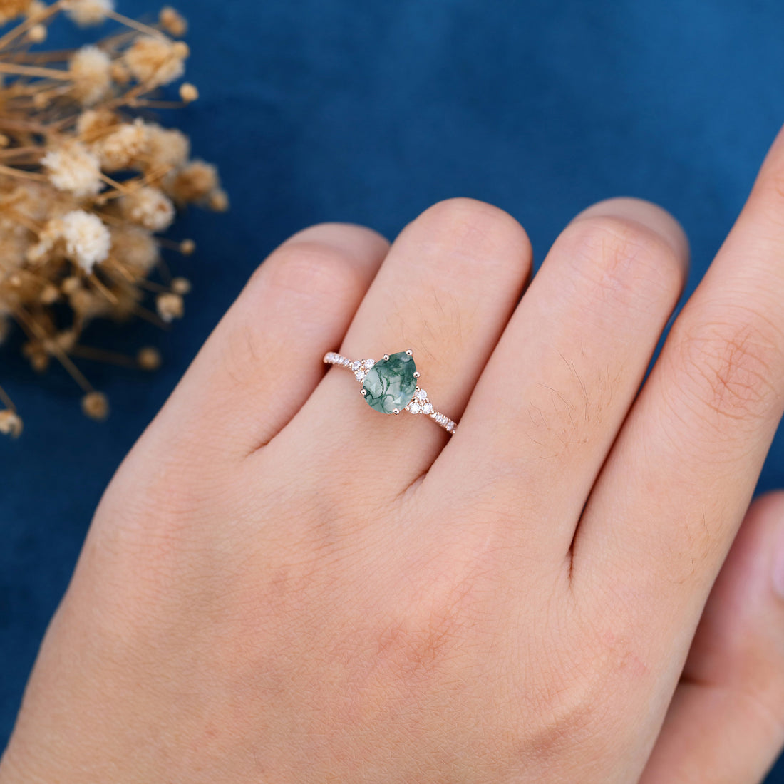 Pear Cut Natural Green Moss Agate Cluster Engagement Ring