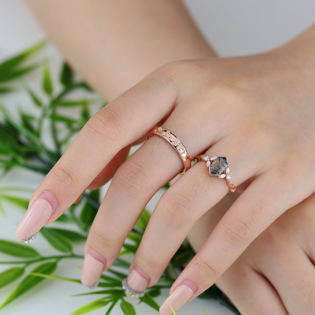 Long Hexagon cut Moss Agate + Diamonds Couple Ring Set His and Hers Wedding Bridal Set