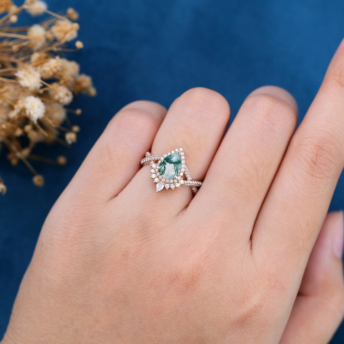 Pear Cut Natural Green Moss Agate Cluster Engagement Ring